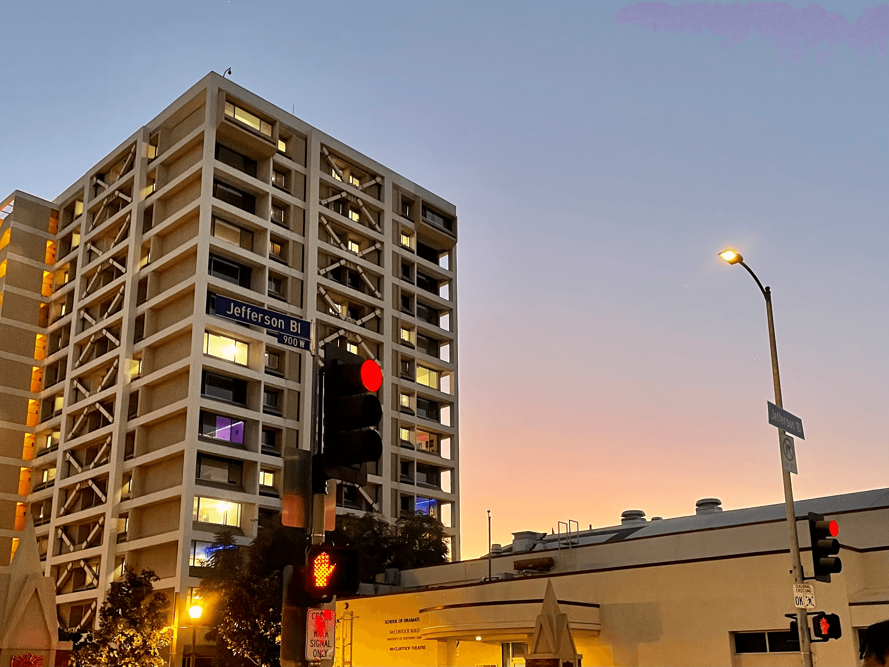 Webb Tower during dusk from the intersection of McClintock Avenue and Jefferson Boulevard
